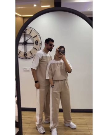 ست تیشرت و شلوار راحتی مردانه کاپلی کرم