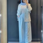 مانتو گیپور و شلوار مازراتی زنانه گندم آبی آسمانی