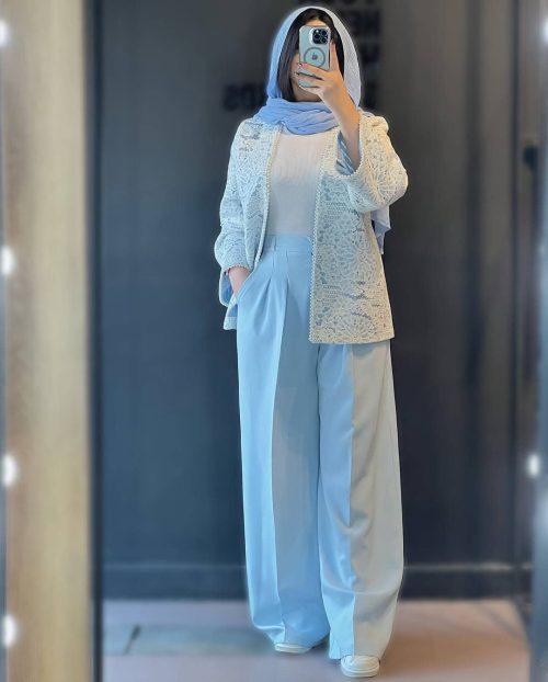 مانتو گیپور و شلوار مازراتی زنانه گندم آبی آسمانی