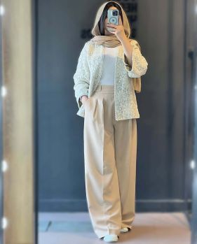 مانتو گیپور و شلوار مازراتی زنانه گندم کرم 2