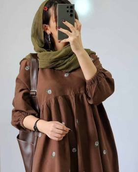 پیراهن لینن گلدار زنانه بلند محیا موکا