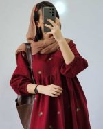 پیراهن لینن گلدار زنانه بلند محیا زرشکی