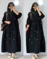 پیراهن لینن گلدار زنانه بلند محیا مشکی