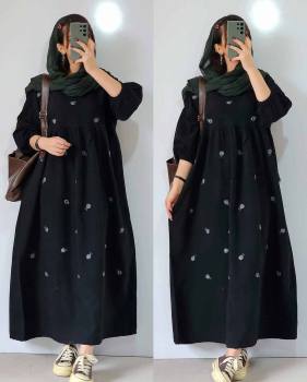 پیراهن لینن گلدار زنانه بلند محیا مشکی