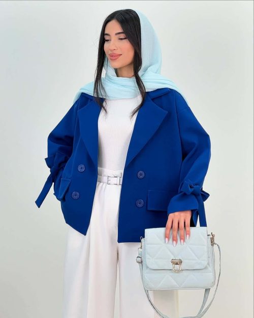 کت عروسکی زنانه آستین گره ای شاپرک آبی کاربنی