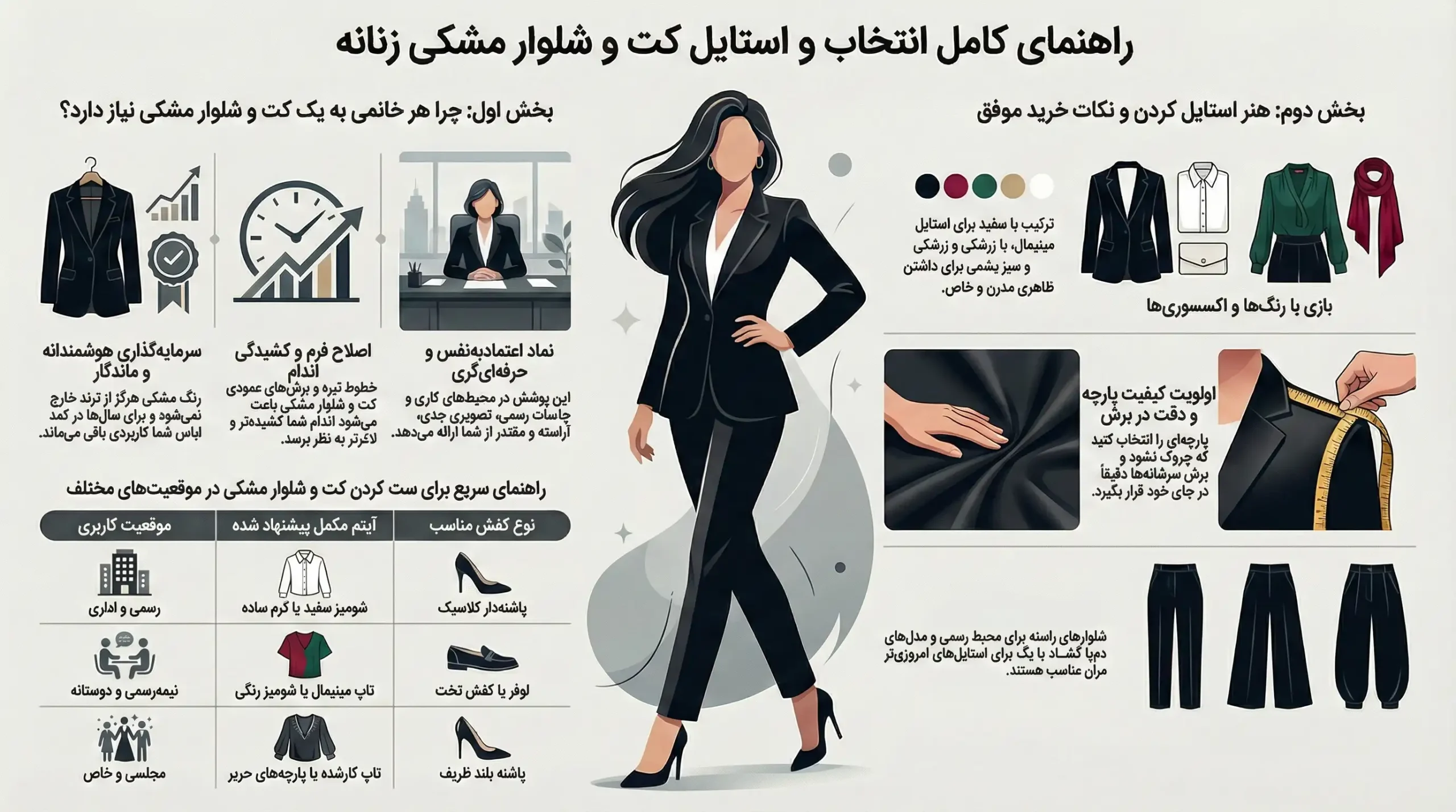 راهنمای استایل کردن ست کت و شلوار مشکی زنانه