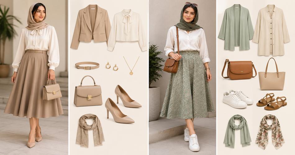 دو استایل شومیز و دامن کلوش در کنار هم؛ یکی نیمهرسمی با کفش پاشنهدار، کیف دستی، کت کوتاه و اکسسوری ظریف، دیگری روزمره با کتانی سفید، کیف دوشی، مانتوی جلو باز، صندل و شال، همراه با نمایش آیتمهای ست در پسزمینه روشن.