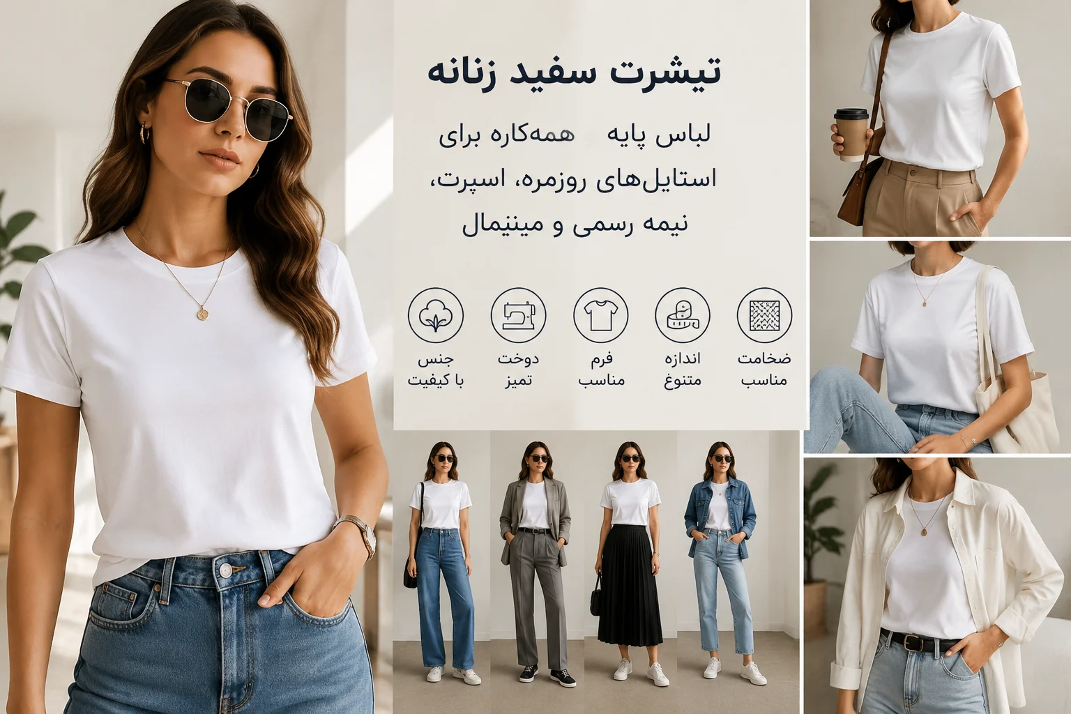 حالا برای این بساز: نکات مهم قبل از خرید تیشرت سفید زنانه قبل از خرید تیشرت زنانه، به میزان پوشش پارچه توجه کنید. در رنگ سفید، کیفیت پایین یا نازکی زیاد خیلی زود مشخص می شود. بهتر است مدلی انتخاب کنید که در عین سبک بودن، پوشش مناسبی داشته باشد و با چند بار شستشو فرم خود را از دست ندهد. همچنین نوع استفاده را در نظر بگیرید. برای استفاده روزانه، راحتی و تنفس پذیری مهم تر است. برای استایل نیمه رسمی، دوخت تمیز و یقه مرتب اهمیت بیشتری دارد. برای استایل اسپرت، فرم آزاد، چاپ مناسب و قد لباس می تواند نقش مهم تری داشته باشد.