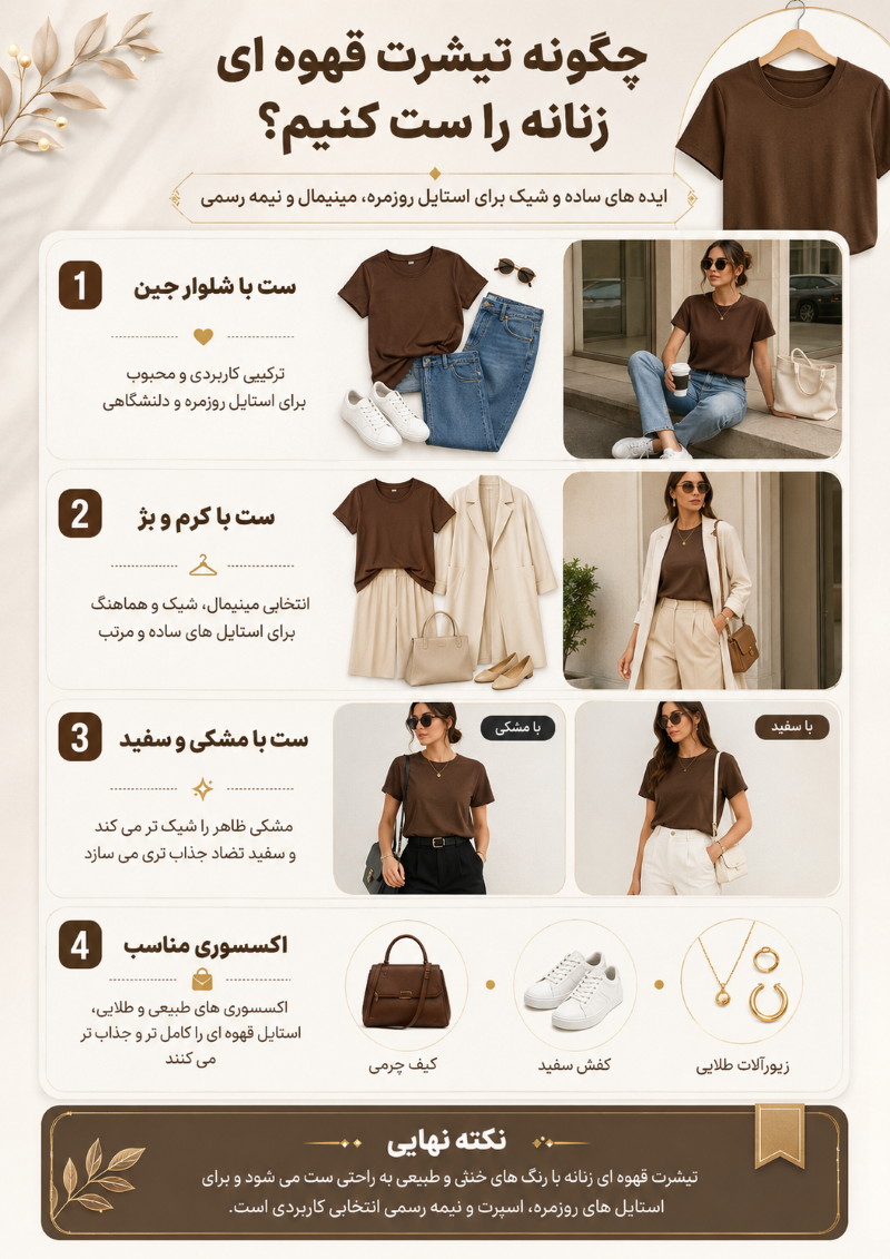 چگونه تیشرت قهوه ای زنانه را ست کنیم؟
