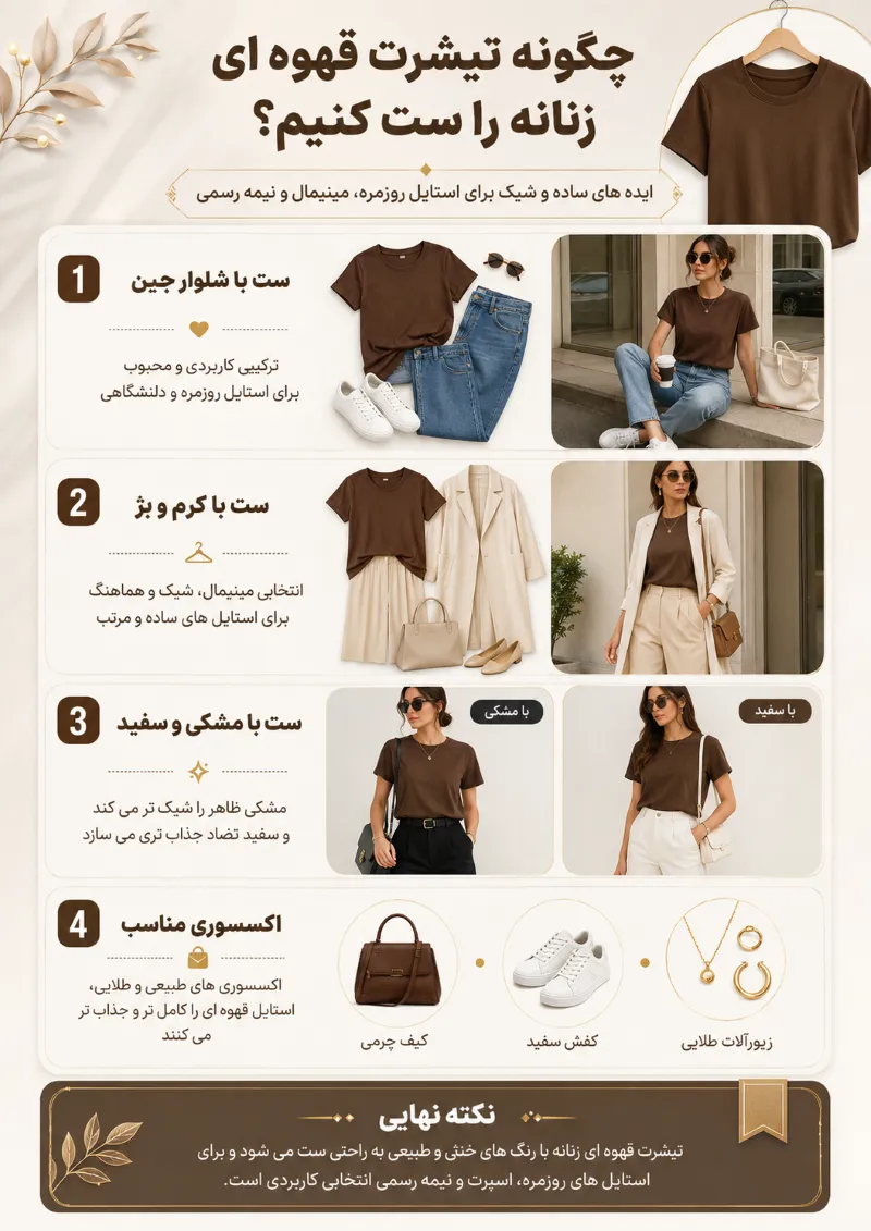چگونه تیشرت قهوه ای زنانه را ست کنیم؟