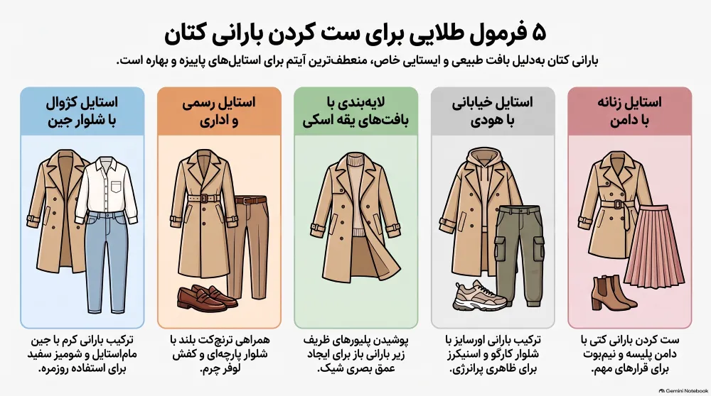 5 فرمول برای ست کردن بارانی زنانه